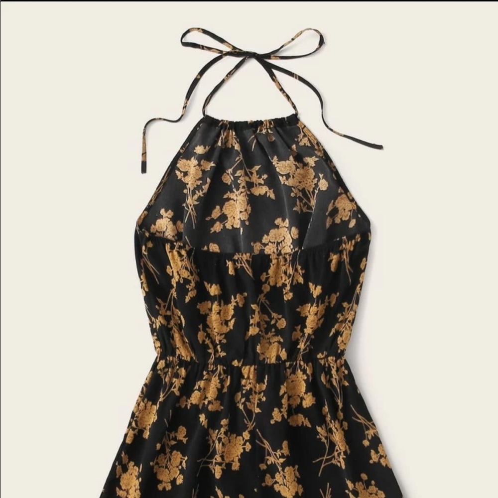 NWT SHEIN: XS Black & Gold Floral Tie Up Romper - Picture 3 of 11
